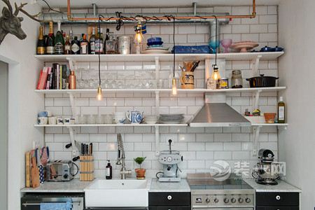天津装修网厨房一字型橱柜收纳效果图